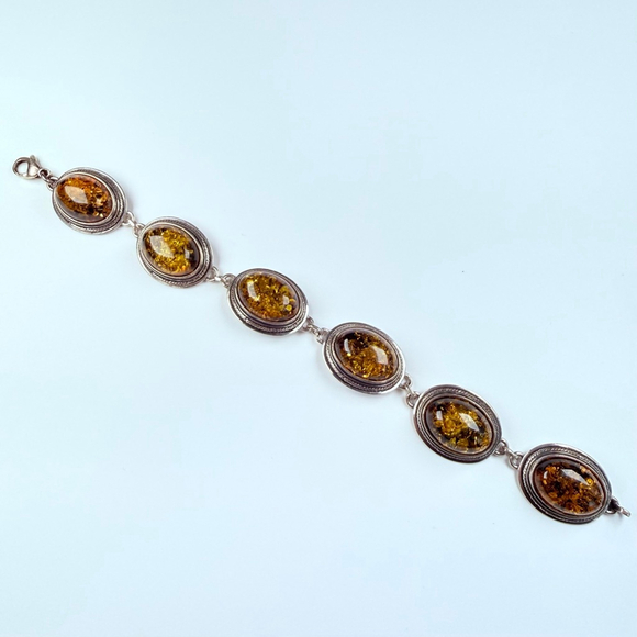 Estate 28.5 CT Green Baltic Amber Oval Panel MCM Sterling Silver VTG Bracelet - Picture 2 of 11